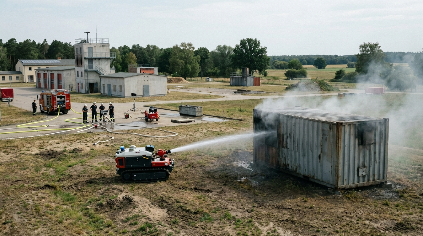Ferngesteuerter Löschroboter bei einer Übung in Beelitz-Heilstätten