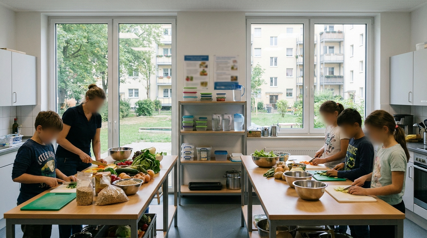 Kinder und pädagogische Fachkräfte bereiten in einer Einrichtung in Berlin-Spandau gemeinsam gesunde Lebensmittel zu.