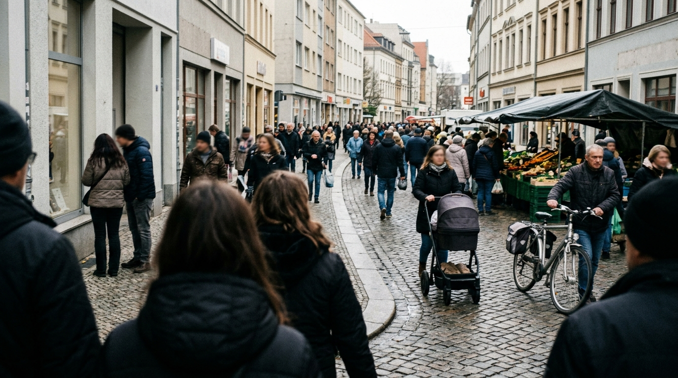 Symbolbild: Eine belebte Fußgängerzone in einer ostdeutschen Mittelstadt mit Passanten, einem Marktstand und einem Radfahrer.