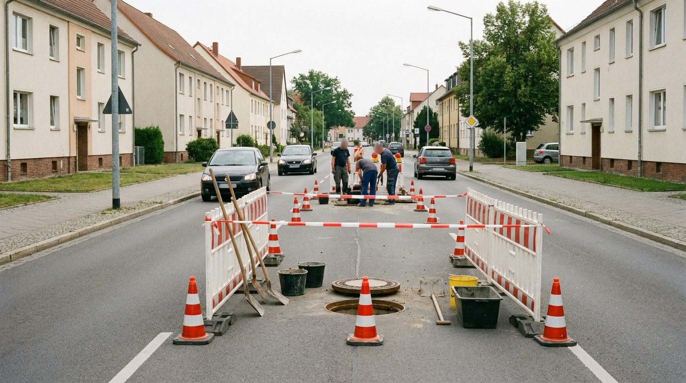 Abgesicherte Arbeitsstelle an einem Abwasserschachtdeckel auf einer Straße in Lübben