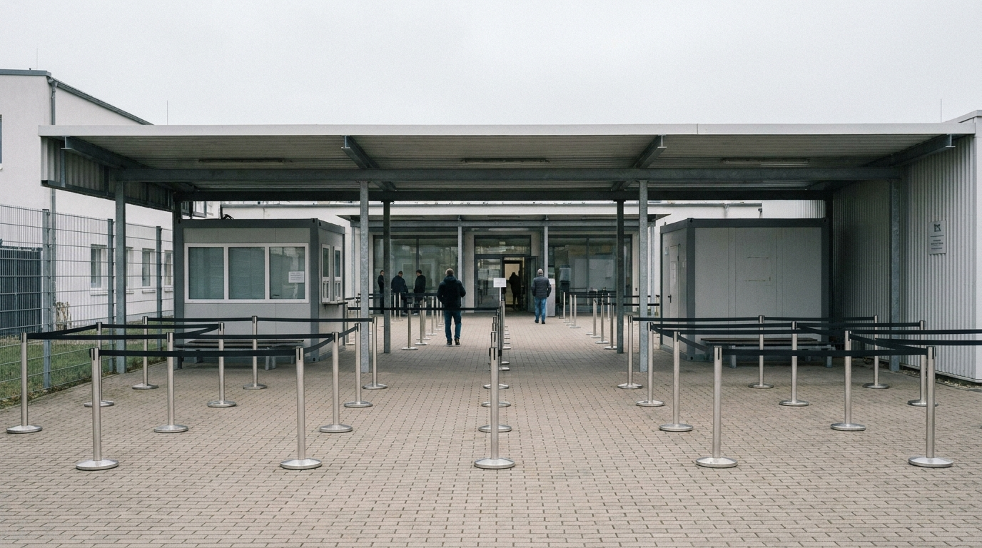 Weitgehend leerer Eingangsbereich einer Erstaufnahmeeinrichtung in Mecklenburg-Vorpommern mit Absperrgittern und sachlicher Verwaltungsinfrastruktur.