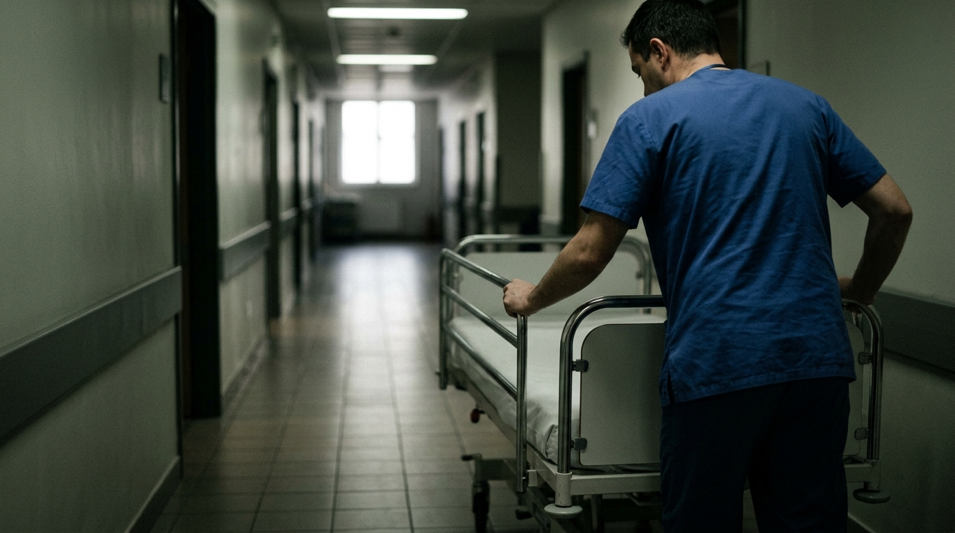 Symbolbild: Eine Pflegekraft schiebt ein leeres Patientenbett einen halbdunklen Klinikflur entlang, am Ende brennt ein Fenster hell aus.