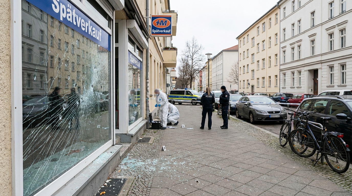 Polizeiliche Spurensicherung nach Schüssen auf einen Spätverkauf in Potsdam