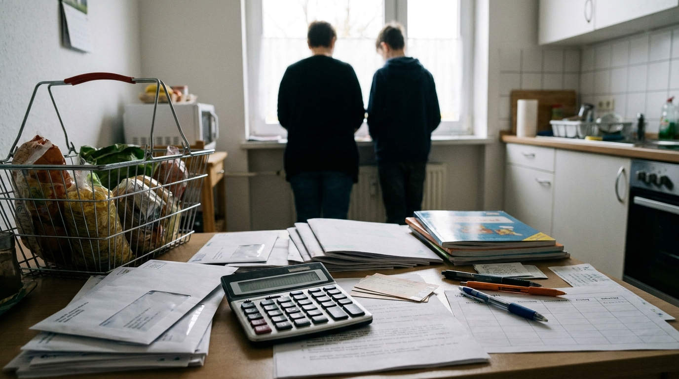 Küchentisch mit Haushaltsunterlagen, Schulheften und knappem Familienbudget in einer Wohnung in Sachsen-Anhalt