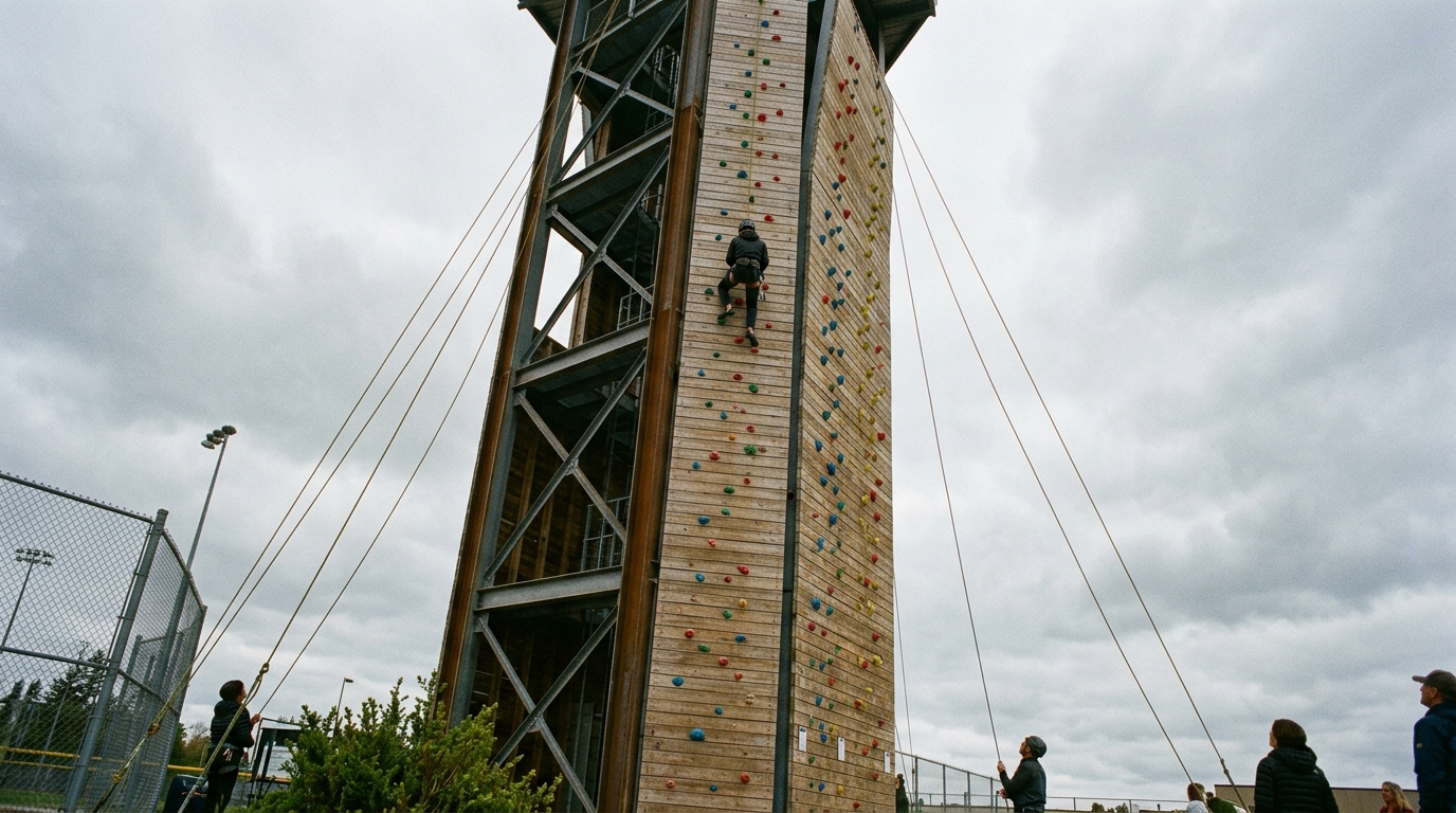 Symbolbild: Ein hoher Outdoor-Kletterturm mit bunten Griffen, an dem weit oben ein einzelner Kletterer hängt.