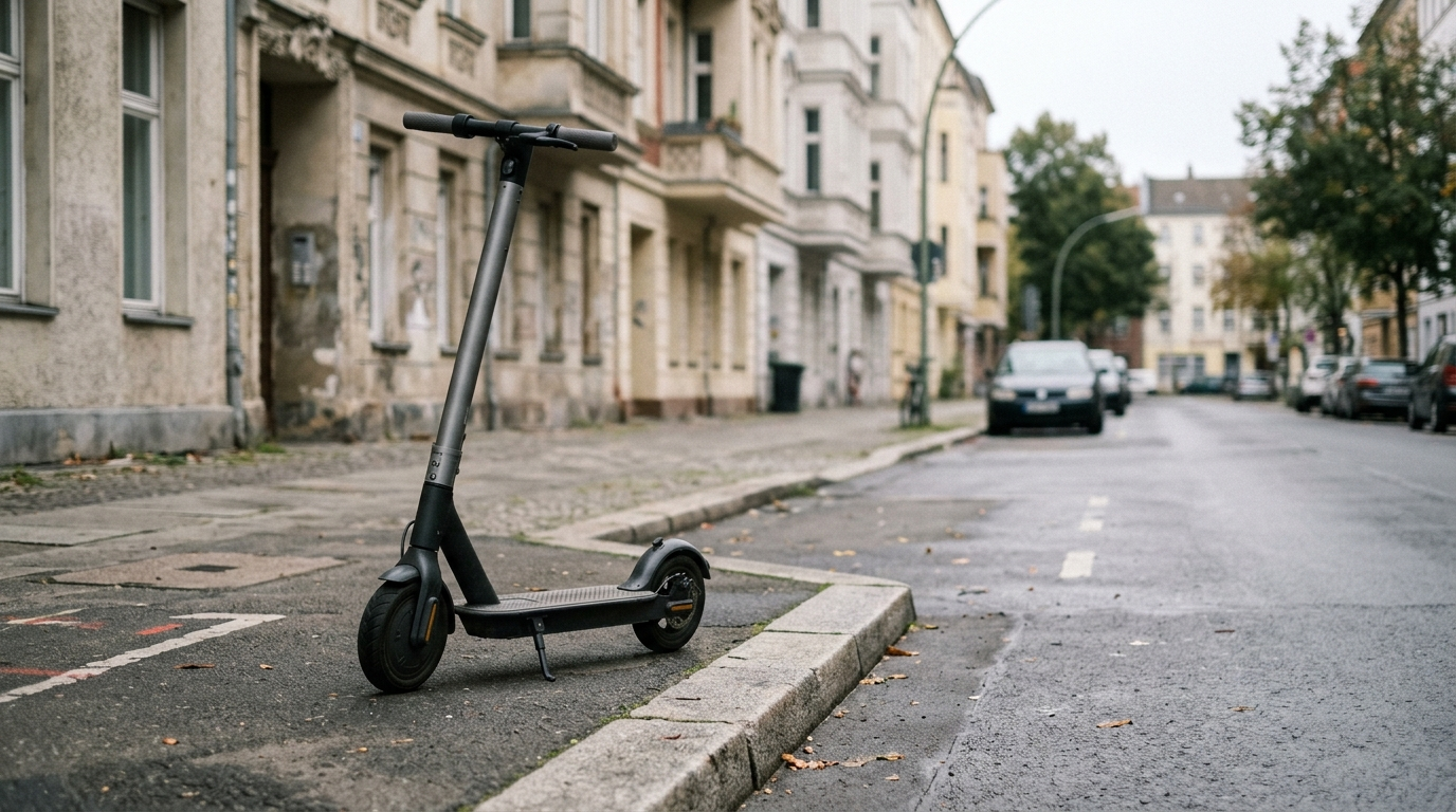 Symbolbild: Ein abgestellter E-Tretroller am Rand eines Gehwegs in einer Berliner Altbaustraße.