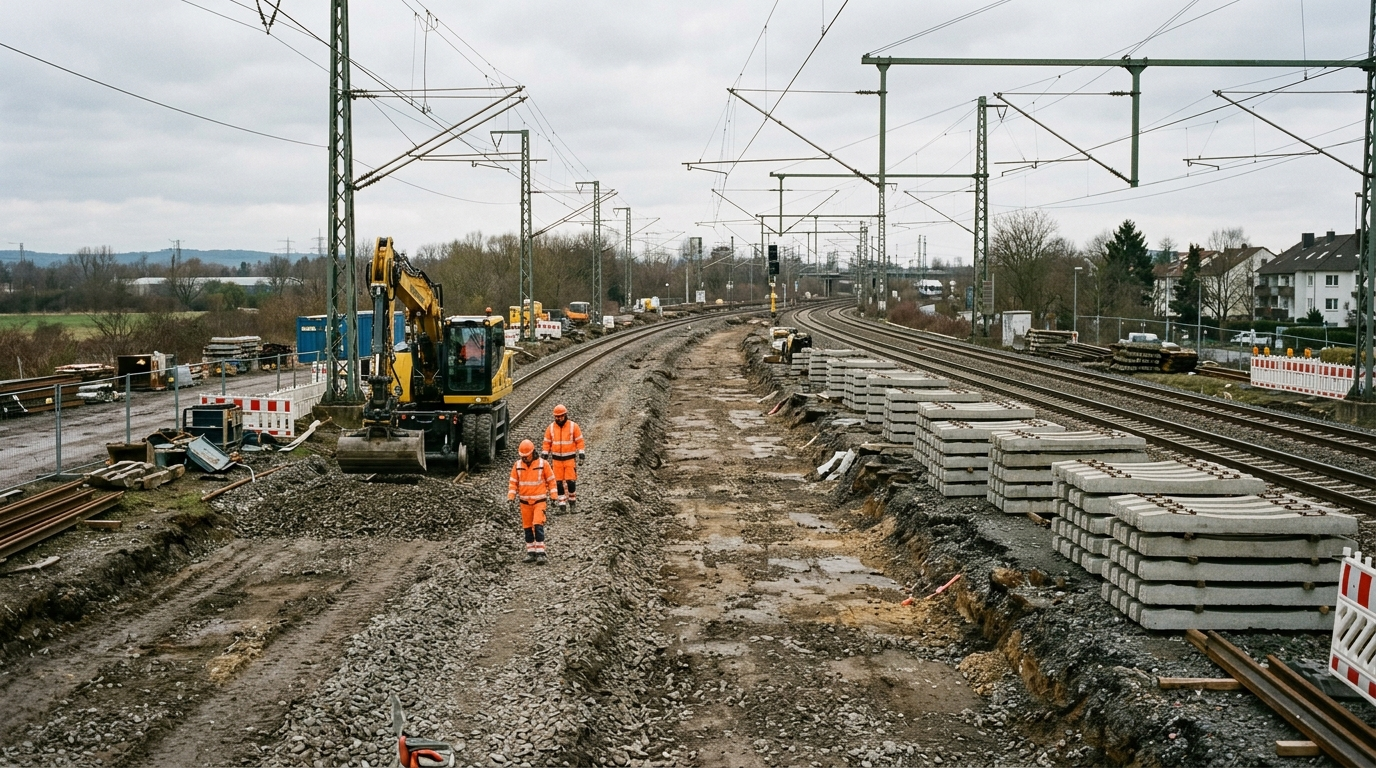 Symbolbild: Eine Gleisbaustelle mit aufgerissenem Schotterbett, gestapelten Betonschwellen und einem Bagger.
