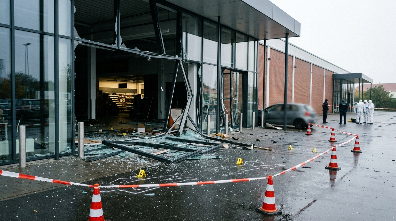 Beschädigte Glasfront eines Einkaufszentrums mit Absperrungen und Spurensicherung nach einem Einbruch nahe Rostock.