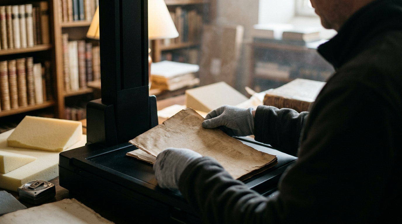 Symbolbild: Behandschuhte Hände legen einen alten, brüchigen Druck auf einen Buchscanner, dahinter Regale mit historischen Bänden.