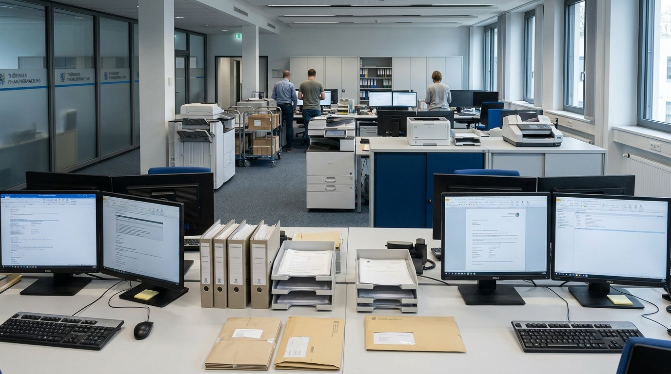Schreibtische und Aktenablagen in einem modernen Thüringer Finanzamt