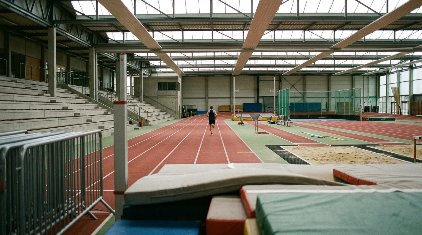 Symbolbild: Eine Leichtathletik-Trainingshalle mit roter Laufbahn, ein einzelner Läufer weit hinten.
