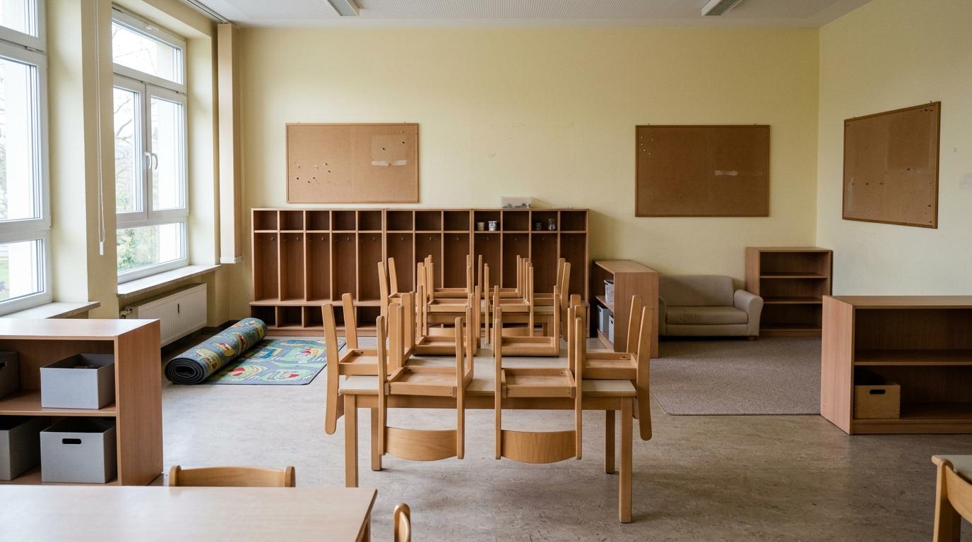 Symbolbild: Ein leerer Kita-Gruppenraum mit umgedrehten Kinderstühlen auf den Tischen und aufgerolltem Teppich.