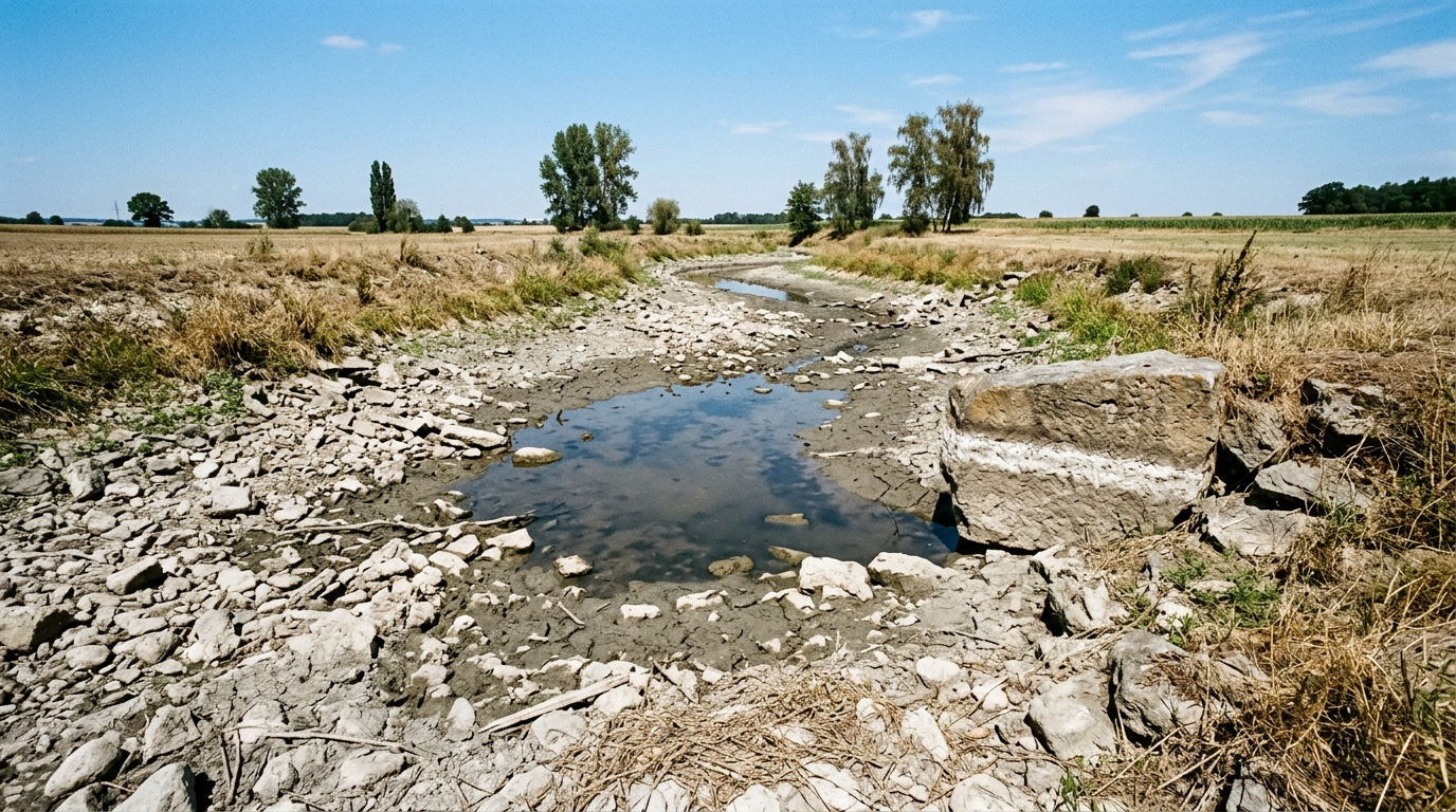 Symbolbild: Ein fast trockengefallener Bach, nur eine schmale Restlache zwischen gebleichten Steinen; am Uferstein zeichnet sich der frühere Wasserstand ab.