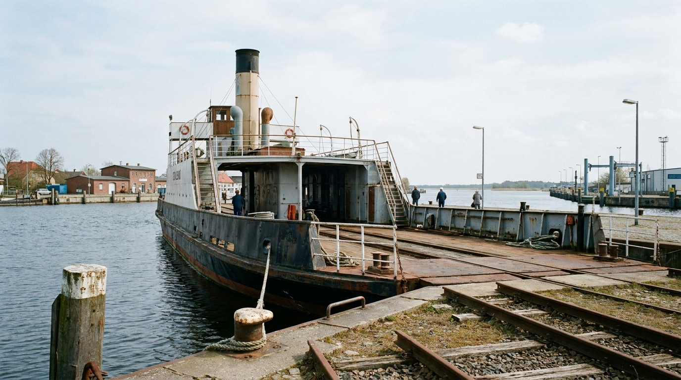 Historisches Eisenbahndampffährschiff „Stralsund“ am Kai im Wolgaster Stadthafen als technisches Denkmal mit ungewisser Zukunft.
