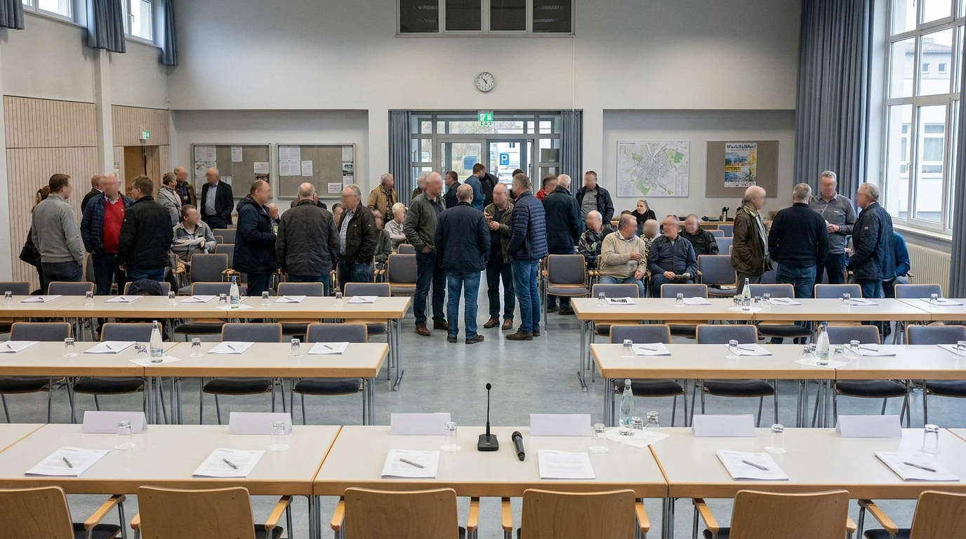 Sitzungsraum der Ortsteilvertretung Weststadt in Schwerin mit Tischreihen, Sitzungsunterlagen und Bürgern im Gespräch.