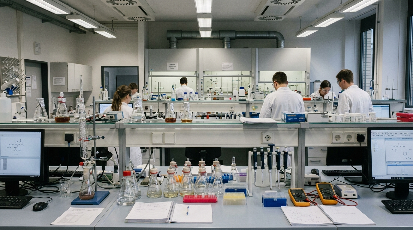 Chemische Laborgeräte und Versuchsaufbauten bei der Forschung an einem möglichen neuen Reserve-Antibiotikum in Magdeburg.