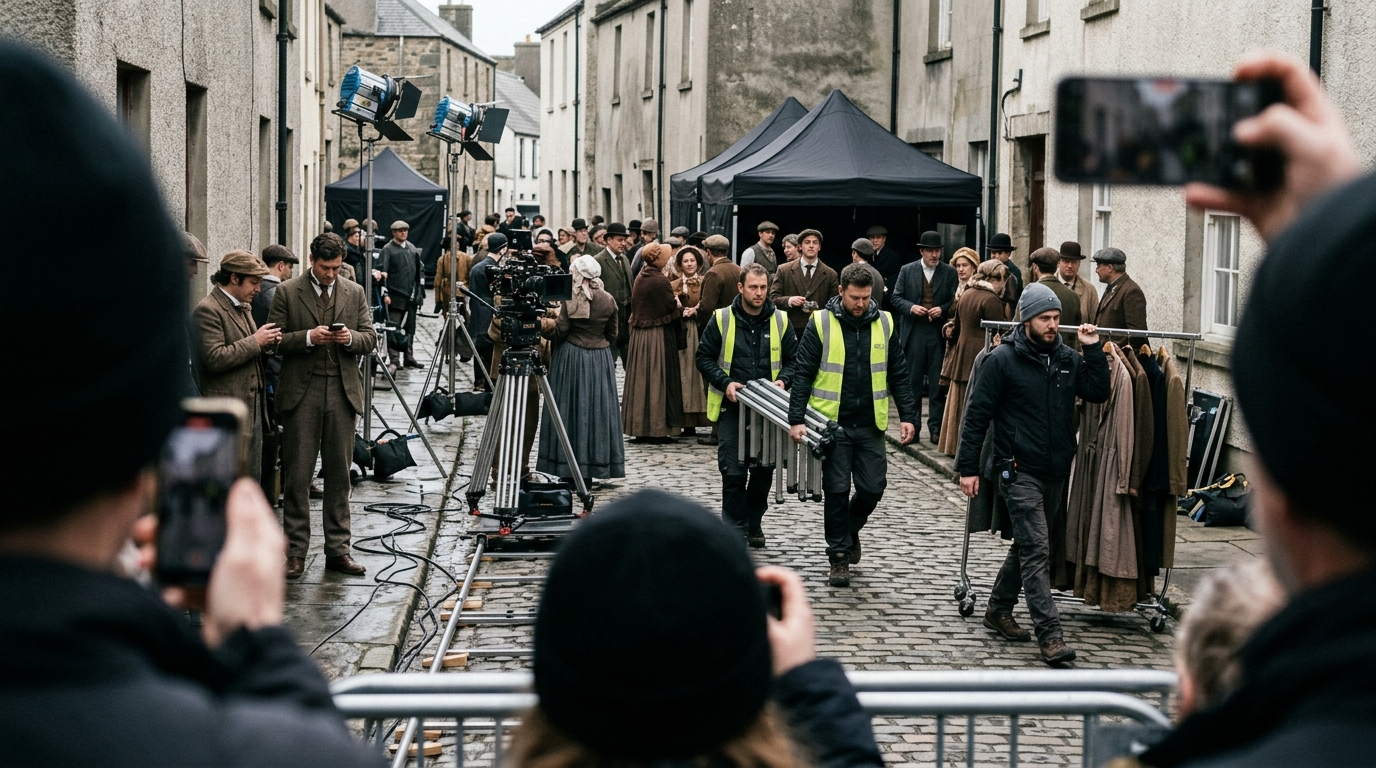 Symbolbild: Komparsen in historischen Kostümen warten an einem Filmset zwischen Scheinwerfern und Kameratechnik, davor Schaulustige.