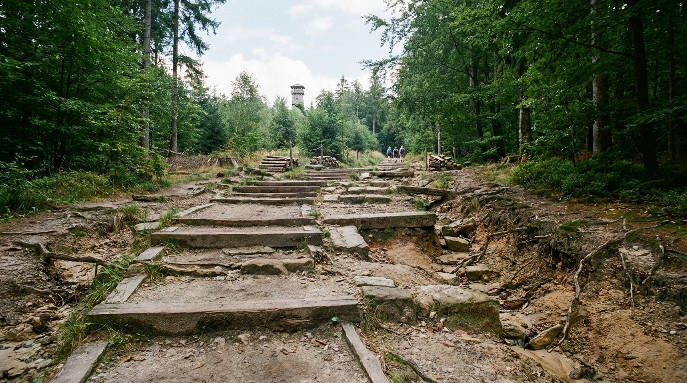 Beschädigte Treppenstufen am Wanderweg zum Weifbergturm in Hinterhermsdorf