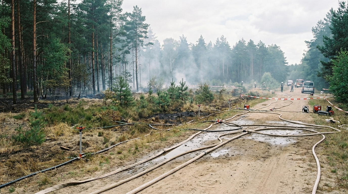 Abgesperrter Waldweg mit Löschtechnik am Brandgebiet im Müritz-Nationalpark