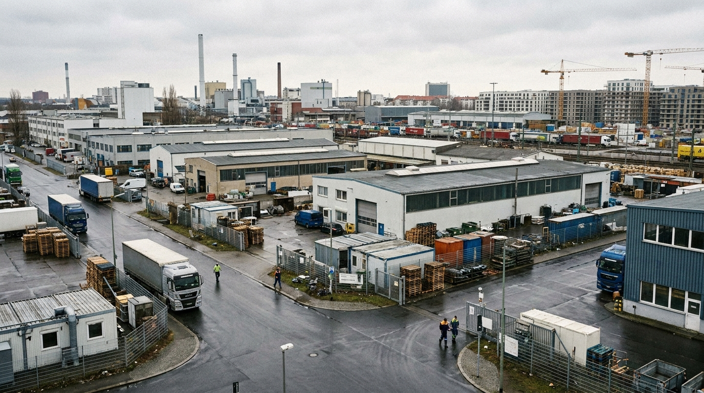 Gewerbe- und Industriegebiet mit Werkhallen und Lieferverkehr in Berlin