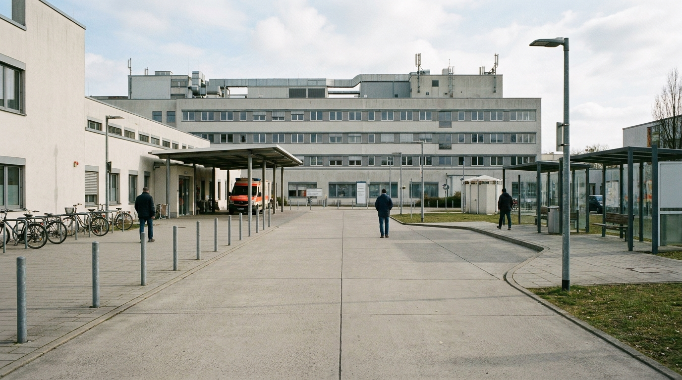 Eingangsbereich eines Krankenhauses in Potsdam nach der Schließung der Geburtshilfe