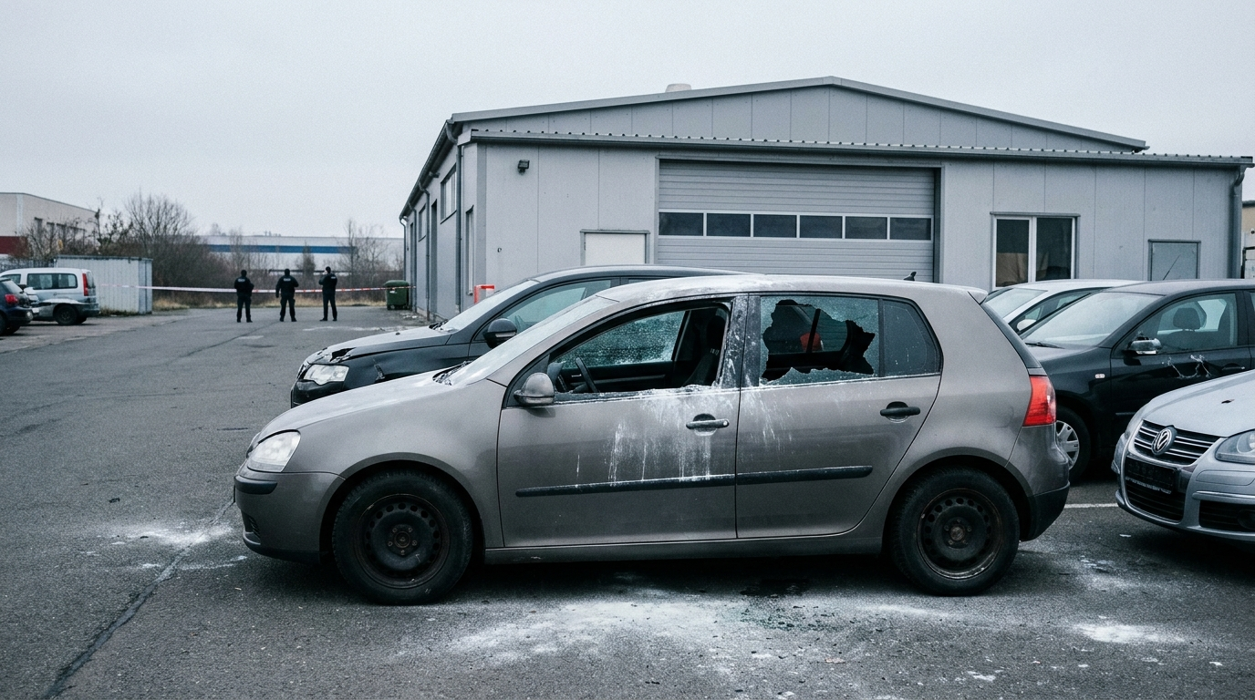 Beschädigte Fahrzeuge auf einem Gewerbegrundstück in Chemnitz mit Glassplittern und weißen Rückständen eines Feuerlöschers nach Autodiebstahl und Sachbeschädigung.