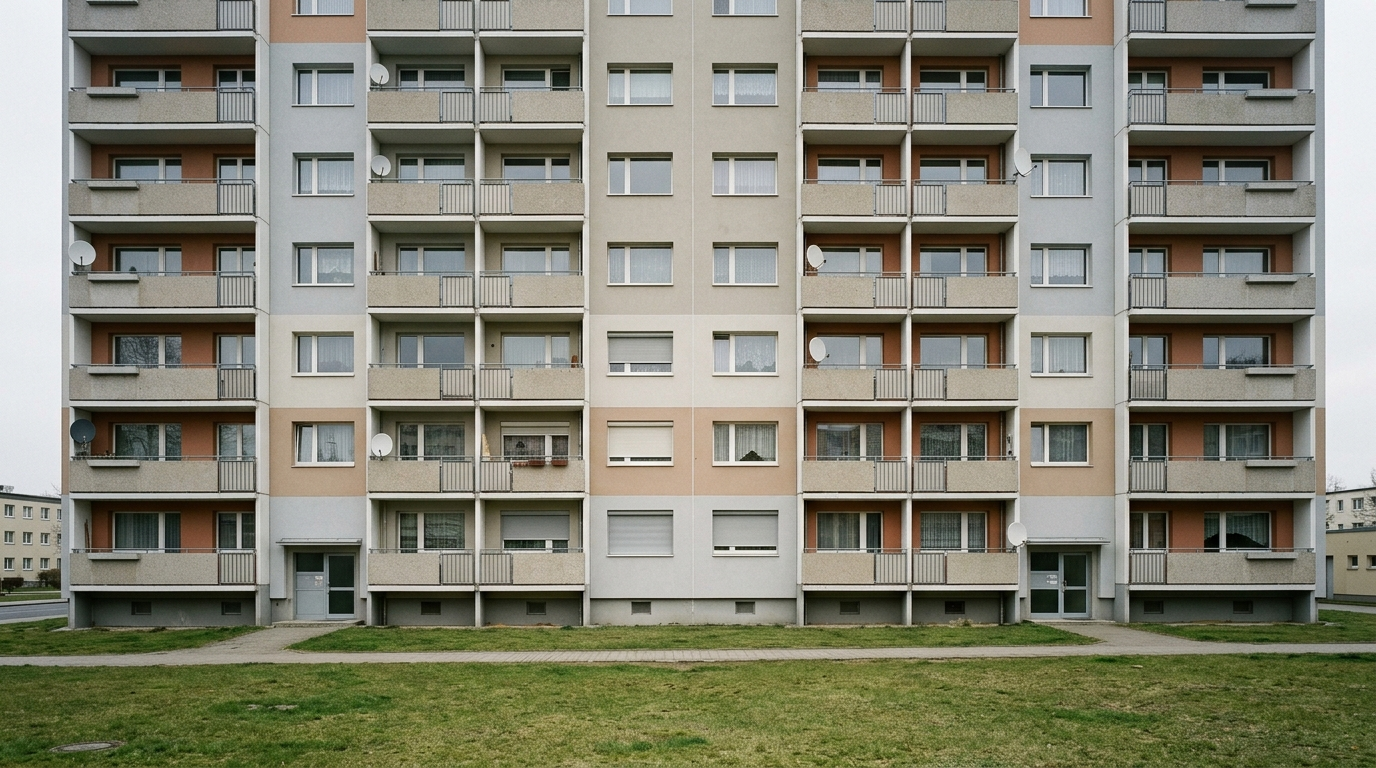 Symbolbild: Die sanierte Fassade eines großen Plattenbau-Wohnblocks mit vielen gleichförmigen Balkonen.