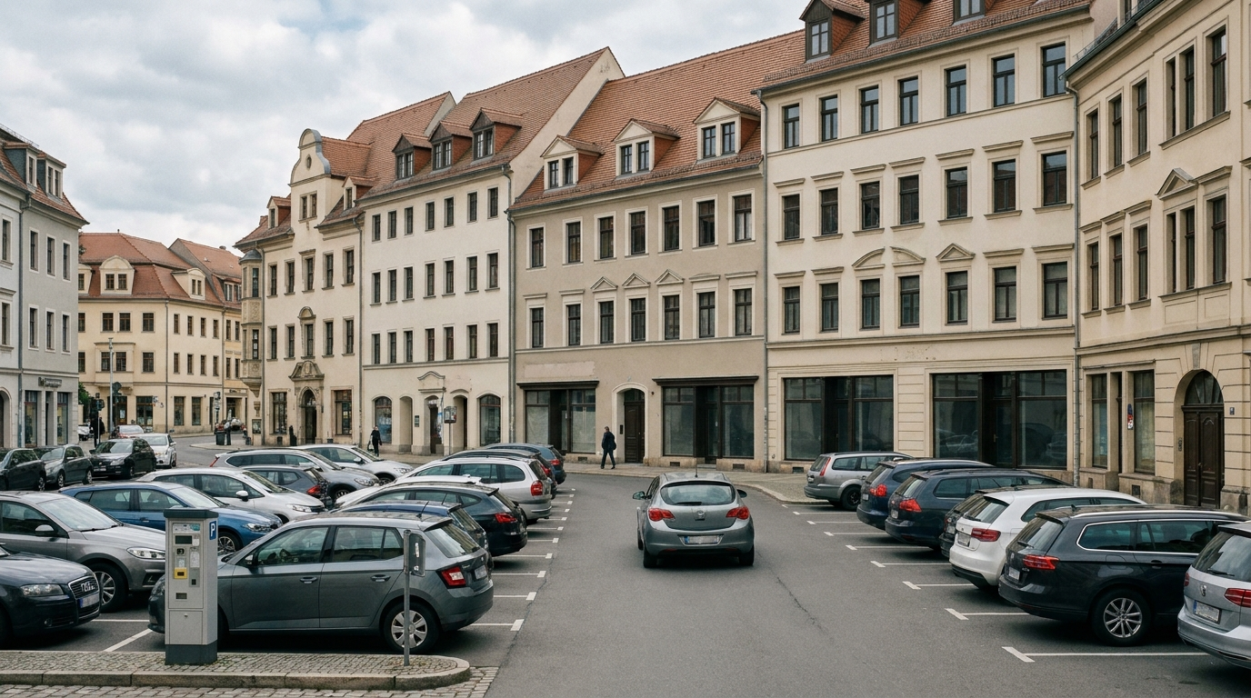 Parkende Autos und leer stehende Geschäftsräume in der historischen Innenstadt von Pirna