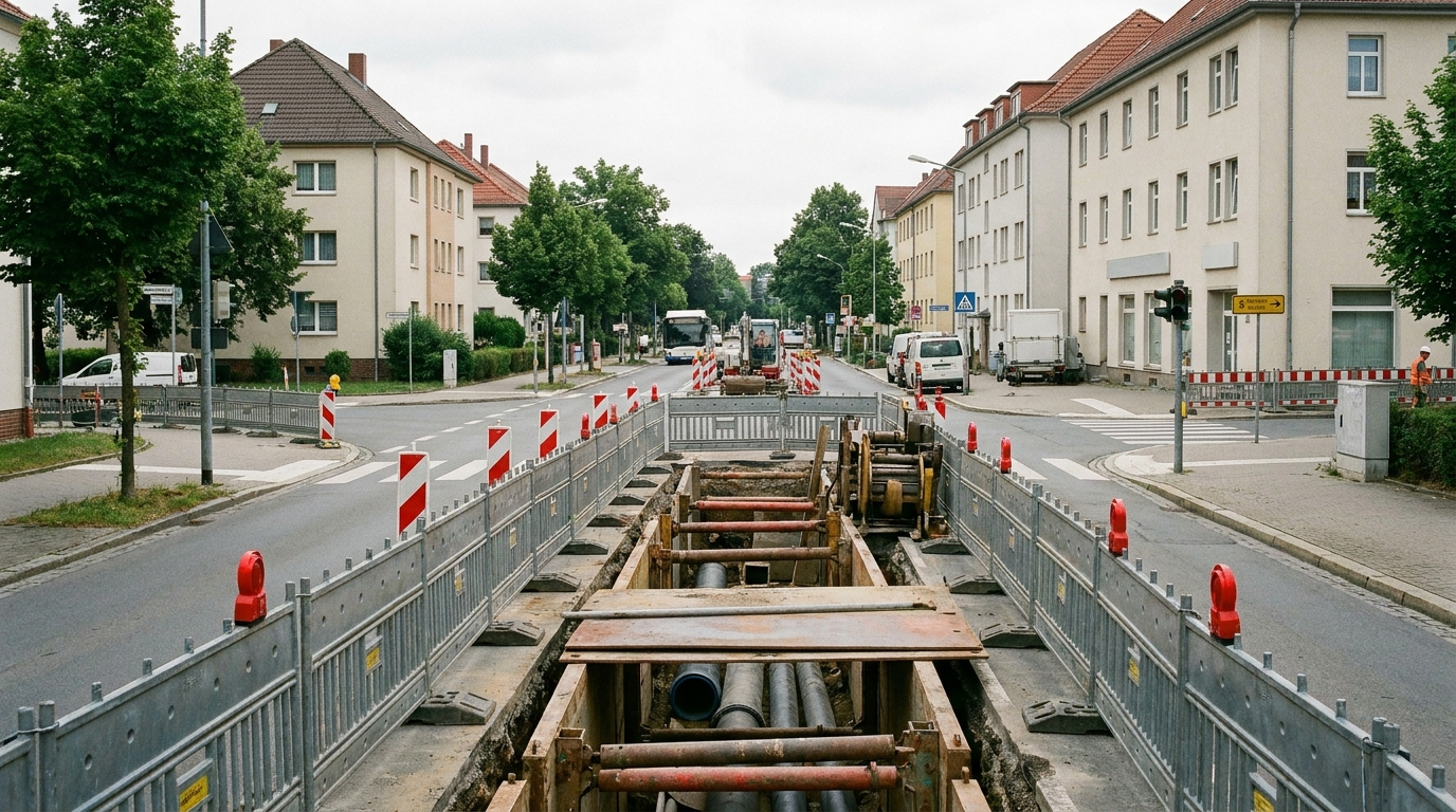 Abgesperrter Knotenpunkt Dresdner Straße und Haeckelstraße in Heidenau während notwendiger Kanalarbeiten