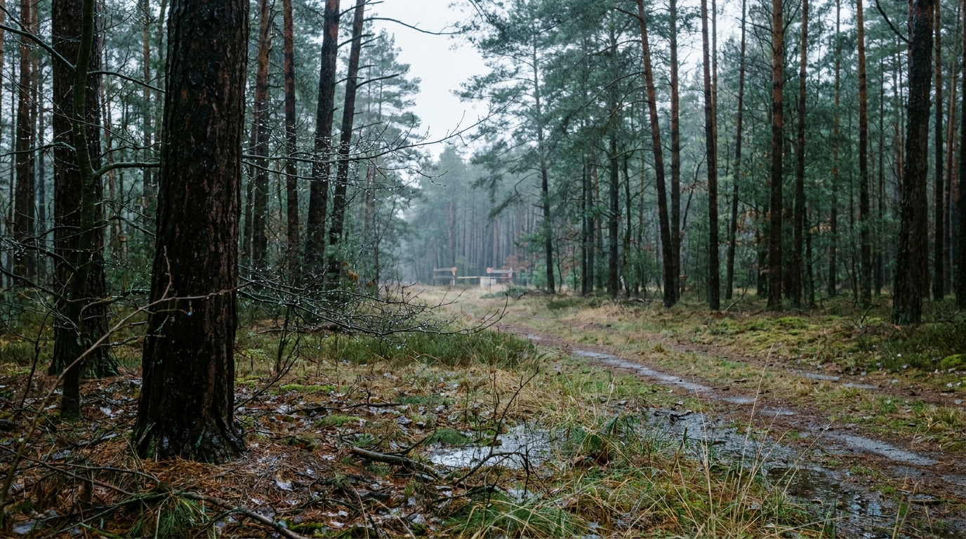 Feuchter Kiefern- und Mischwald in Brandenburg nach Regenfällen mit nassem Waldboden und sinkender Waldbrandgefahr.