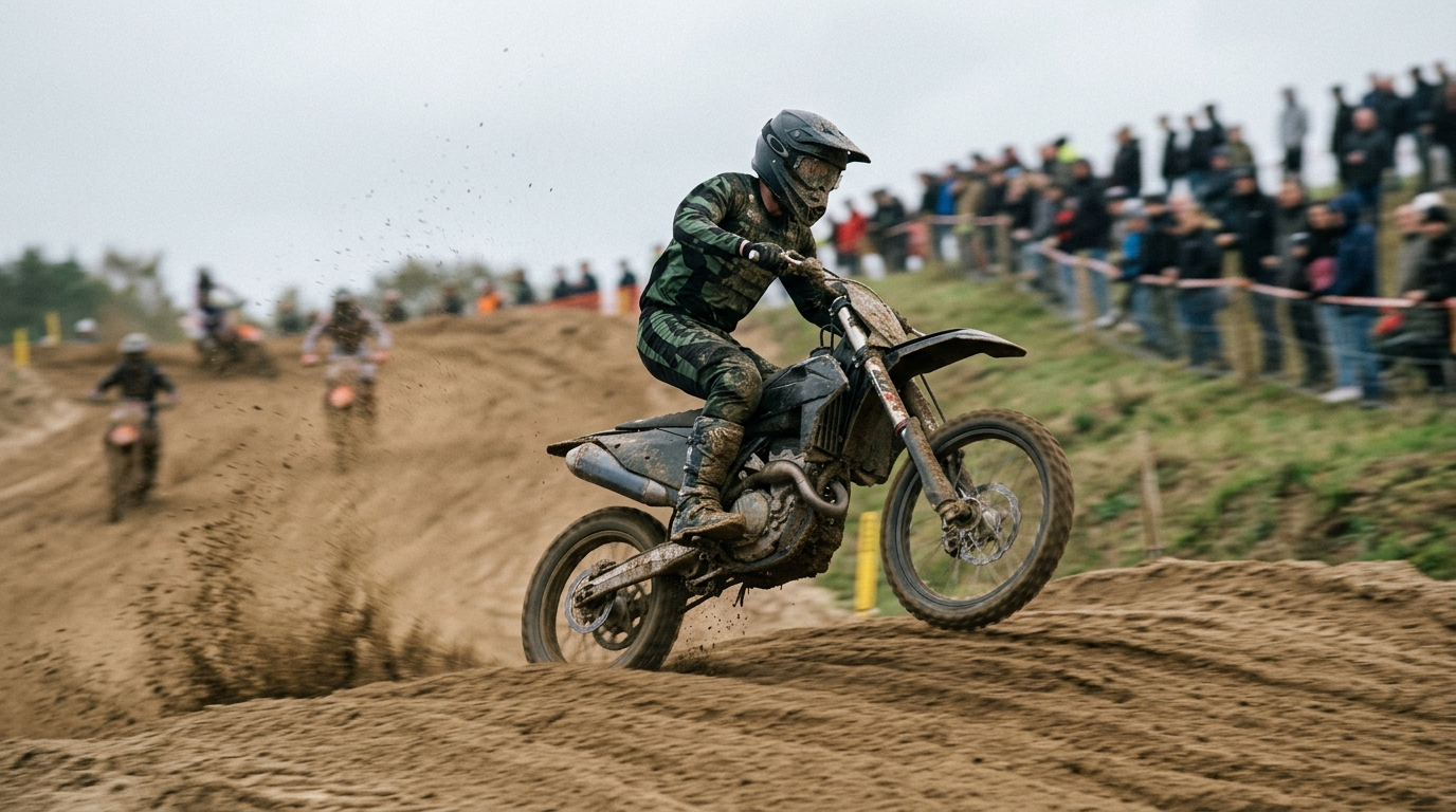 Symbolbild: Ein Motocross-Fahrer springt in voller Montur über eine Sandkuppe, dahinter die Zuschauerböschung.