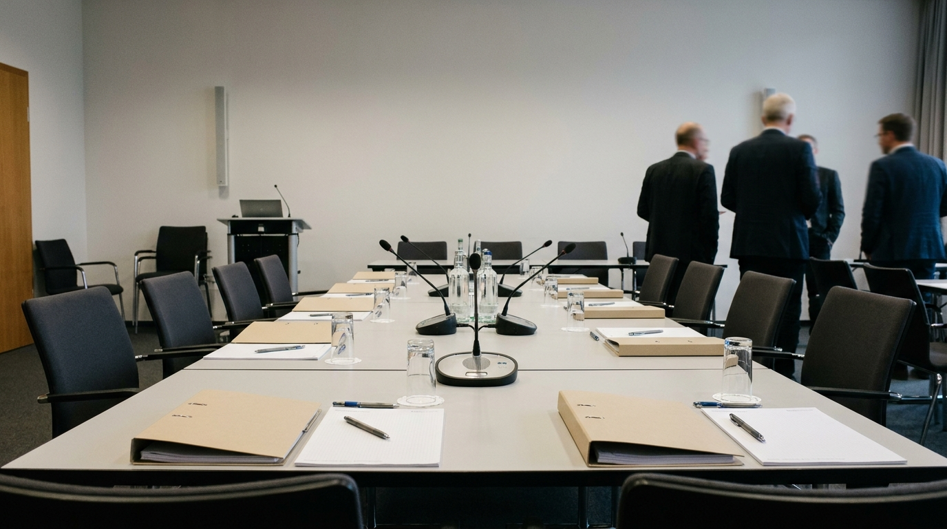 Sachlicher Besprechungsraum in Sachsen mit Konferenztisch, Notizblöcken und leeren Stühlen vor einer politischen Strategieberatung.