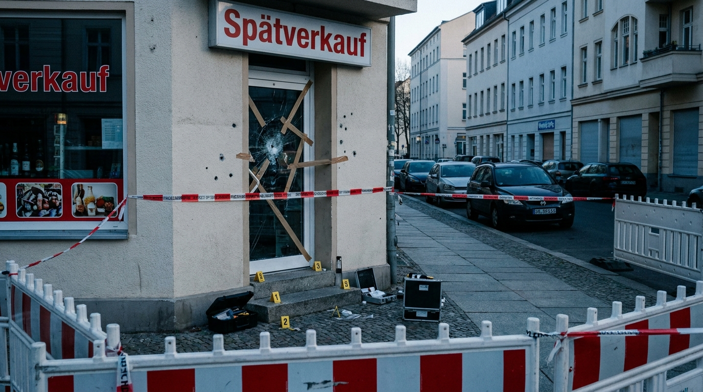abgesperrter Spätkauf in Potsdam mit beschädigter Fensterscheibe,
