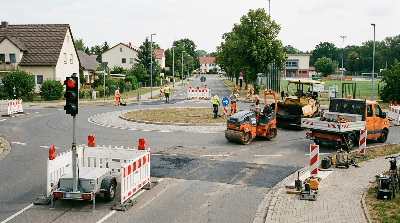 Halbseitig gesperrter Kreisverkehr während Straßenarbeiten in Kirchmöser