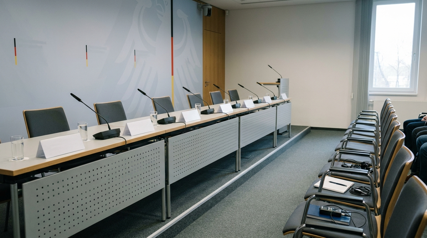 Leerer Pressekonferenzraum der Landesregierung Sachsen-Anhalt mit unbesetzten Stühlen und ausgeschalteten Mikrofonen.