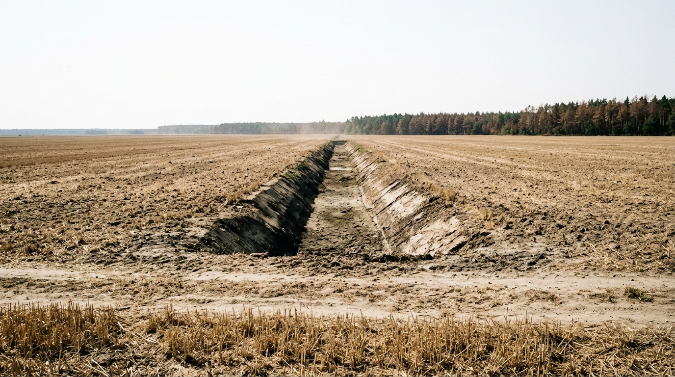 Symbolbild: Weite, baumlose Agrarlandschaft mit einem staubtrockenen Entwässerungsgraben, im Hintergrund Kiefernwald mit braunen Kronen.