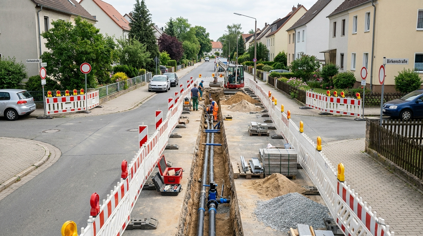 Baustelle mit offenem Leitungsgraben und neuen Trinkwasserrohren in der gesperrten Platanenstraße in Altenburg.