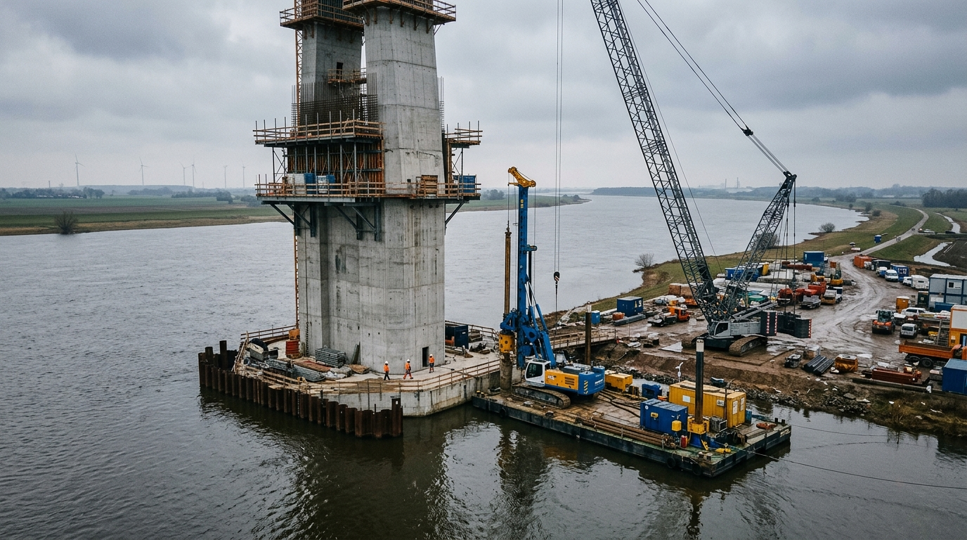 Symbolbild: Eine Brückenbaustelle über einem breiten Fluss, ein unfertiger Betonpylon mit Gerüst, daneben ein Ponton mit Bohrgerät.