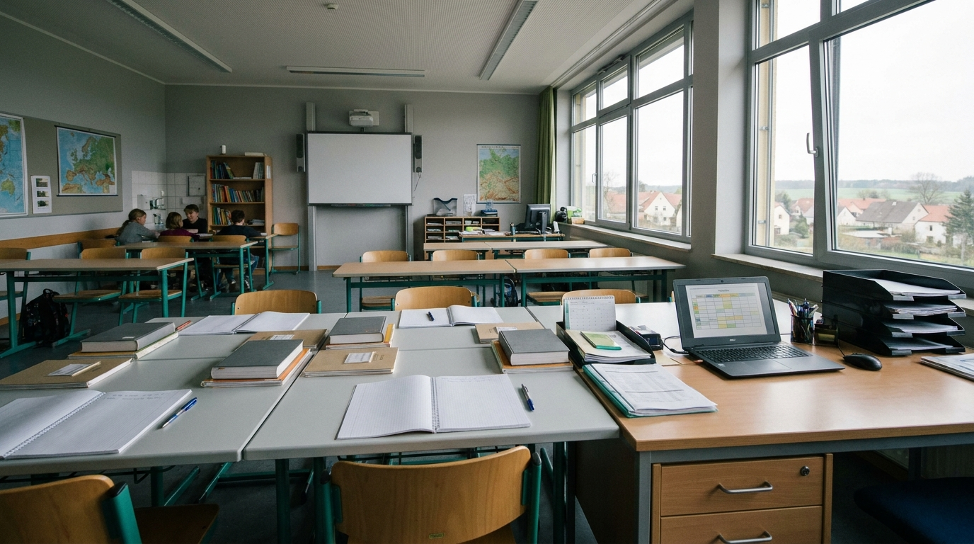 Leerer Klassenraum mit vorbereiteten Unterrichtsmaterialien in einer Schule der Hansestadt Gardelegen