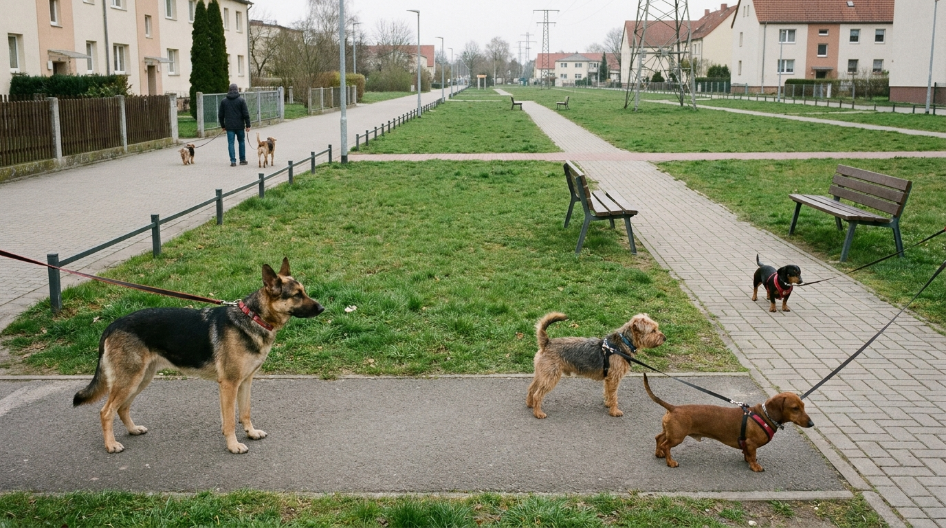 Hunde unterschiedlicher Größe werden in einer sächsischen Stadt an der Leine geführt