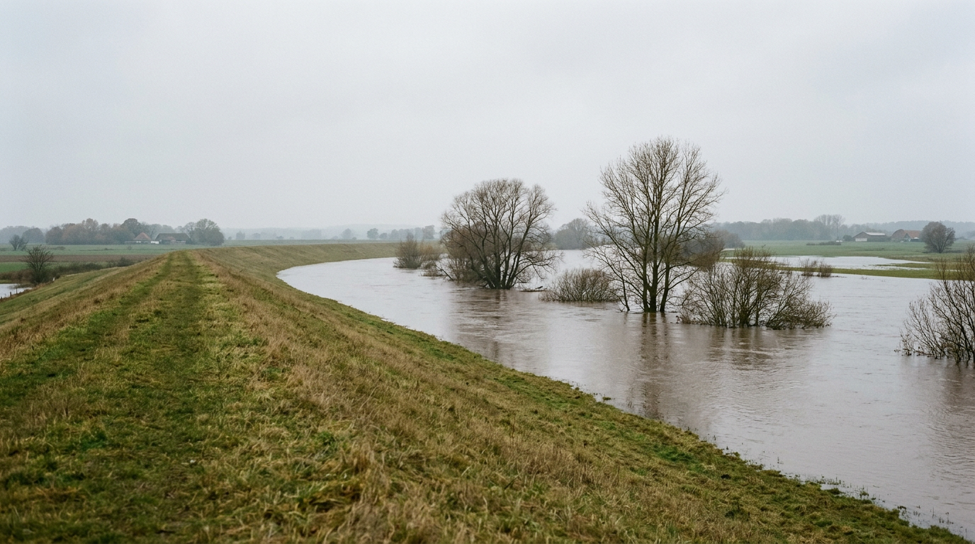 Symbolbild: Ein Fluss bei Hochwasser reicht bis unter die Deichkrone und hat die Uferwiesen überflutet.
