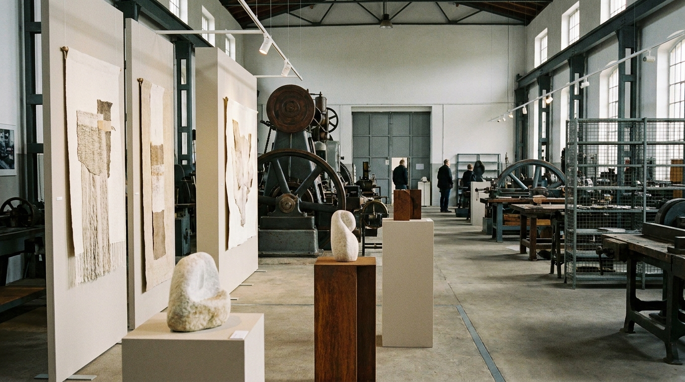 Zeitgenössische Skulpturen und Textilarbeiten zwischen historischen Maschinen im Knopf- und Regionalmuseum Schmölln