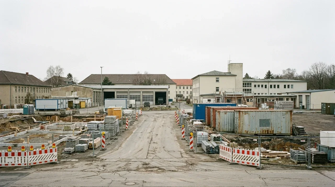 Eine Bundeswehrkaserne in Thüringen vor umfangreichen Modernisierungsarbeiten. Zu sehen sind ältere Unterkunftsgebäude, Fahrzeughallen, Baucontainer, Absperrungen und vorbereitetes Baumaterial. Das Bild zeigt nüchtern den baulichen Zustand und den beginnenden Ausbau der militärischen Infrastruktur.