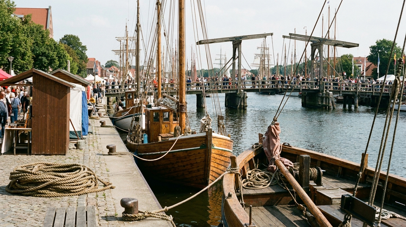 Gut besuchtes Fischerfest am Hafen von Greifswald-Wieck mit Traditionsschiffen und zahlreichen Gästen.