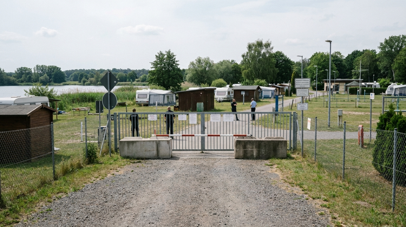 Mit Betonblöcken gesperrte Zufahrt zum Campingplatz am Schachtsee