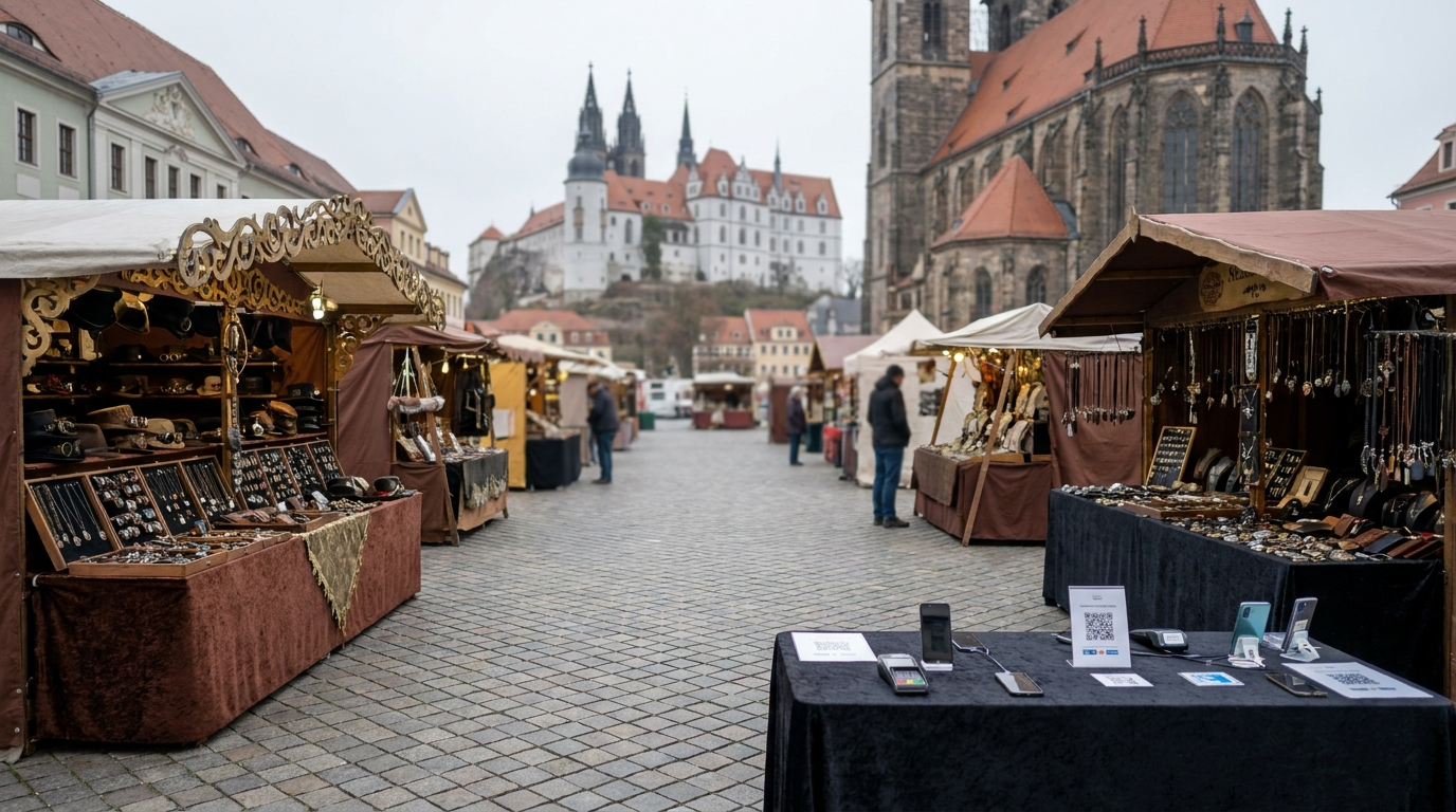 Beim Jubiläumsfestival „Zahnrad & Zylinder“ in Meißen durften Händler am Sonntag wegen einer fehlenden Sondergenehmigung nicht regulär verkaufen. Kunden mussten Waren digital bezahlen und anschließend direkt am Stand abholen.
