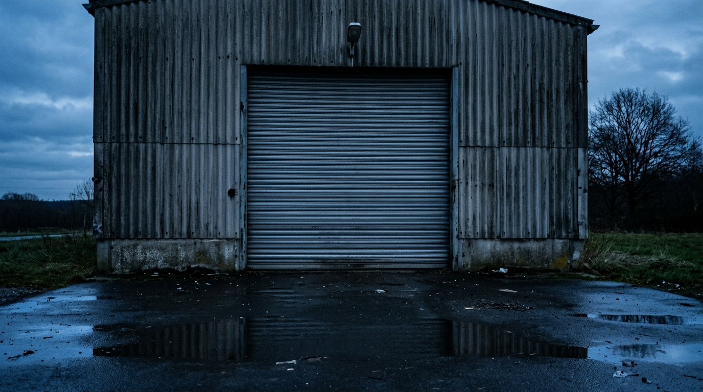 Symbolbild: Geschlossenes Rolltor einer Industriehalle in der Abenddämmerung, davor nasser Asphalt.