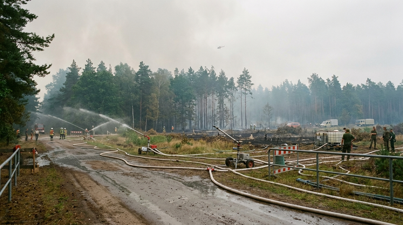 Abgesperrtes Waldbrandgebiet mit Löschtechnik und Rauch im Müritz-Nationalpark