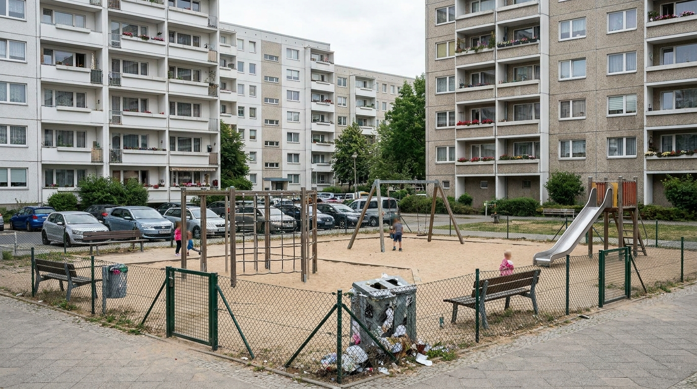 Öffentlicher Spielplatz zwischen Wohnhäusern in Berlin