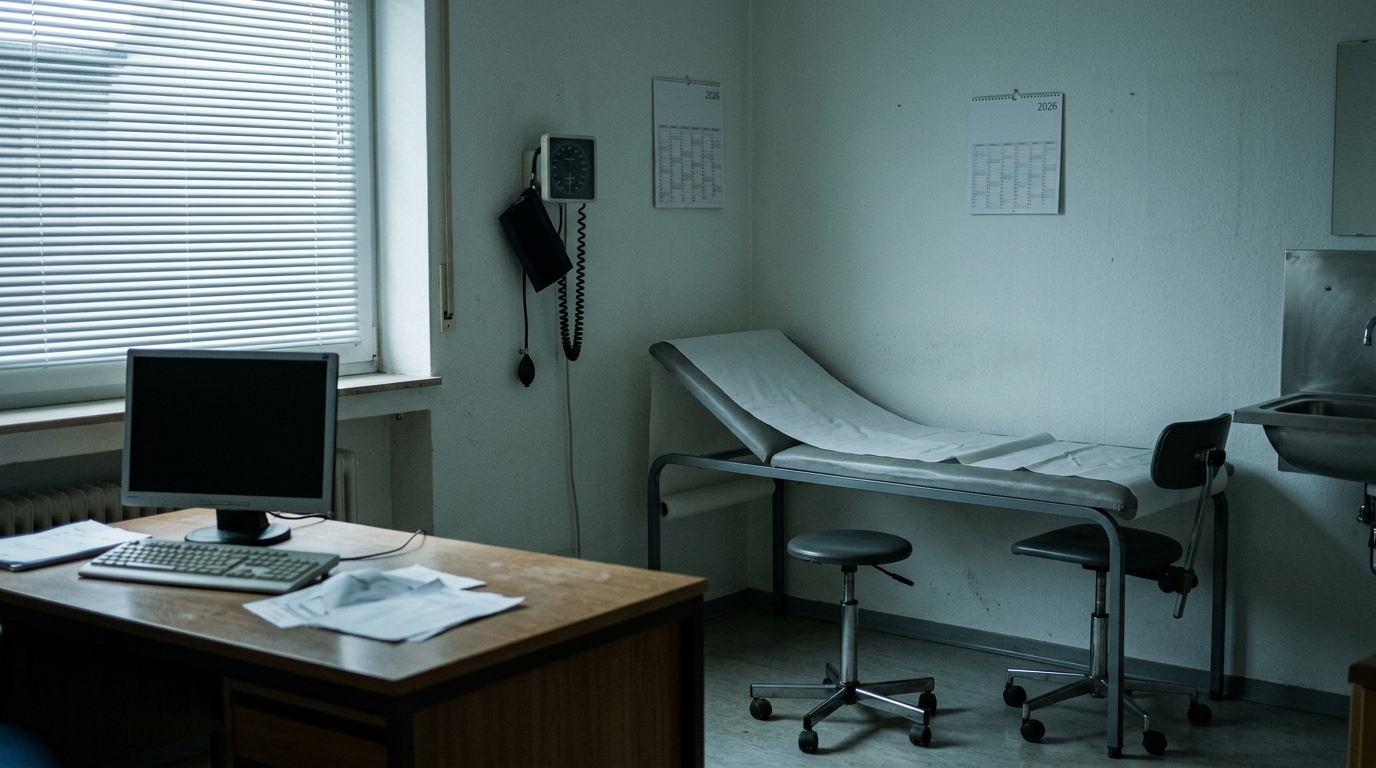 Symbolbild: Ein leeres, verlassen wirkendes Arztsprechzimmer mit unbenutzter Untersuchungsliege und dunklem Bildschirm.